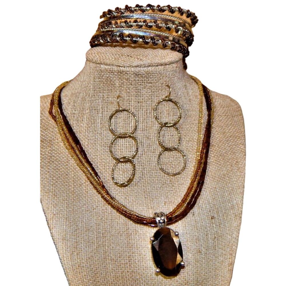 Smokey Quartz Necklace/Earrings/Cuff Bracelet Jewelry Set Lot